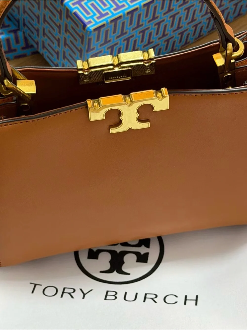 $Tory Burch Saddle Brown Leather Top-Handle Satchel with Gold Hardware